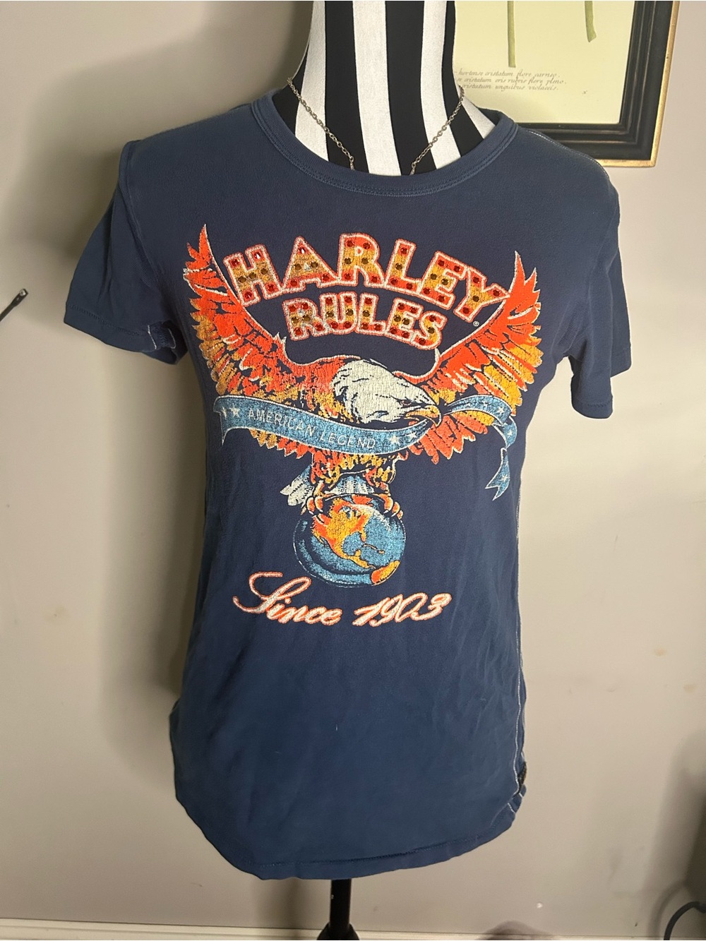 Woman’s Trunk Ltd Harley-Davidson Navy Tee with Orange Cream Eagle Graphic M/L